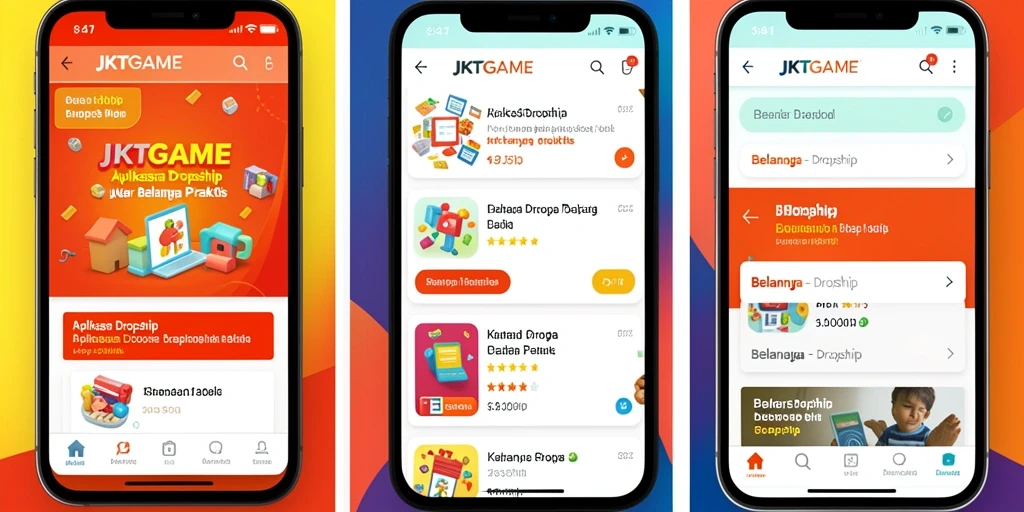 Tampilan antarmuka aplikasi JKTGAME yang menarik untuk belanja dropship.