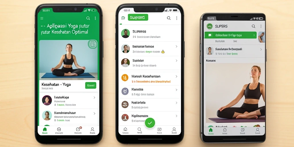 Tampilan antarmuka aplikasi Yoga SUPER5 dengan fitur latihan yang menarik.